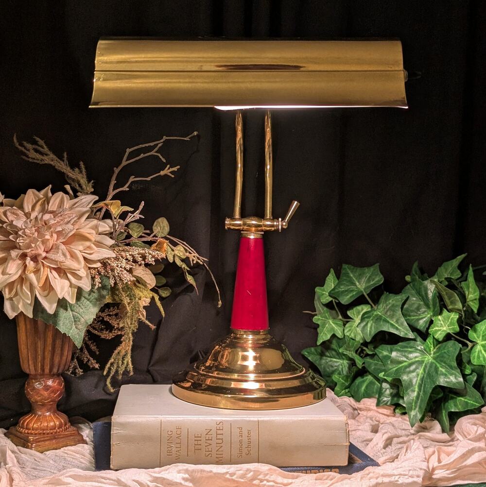 Vintage Polished Brass Piano Lamp Red Wood Stem Adjustable Double Arm Desk Light